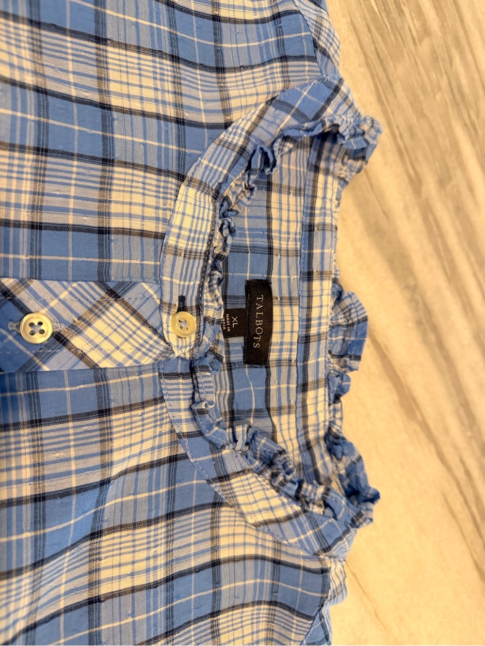 Talbots Blue Plaid Ruffle-Collar Button-Front Shirt - Picture 7 of 8